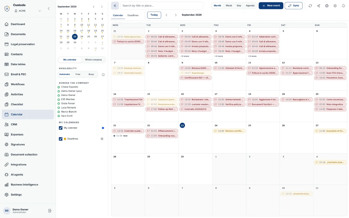 The company calendar with appointments and deadlines in month view.