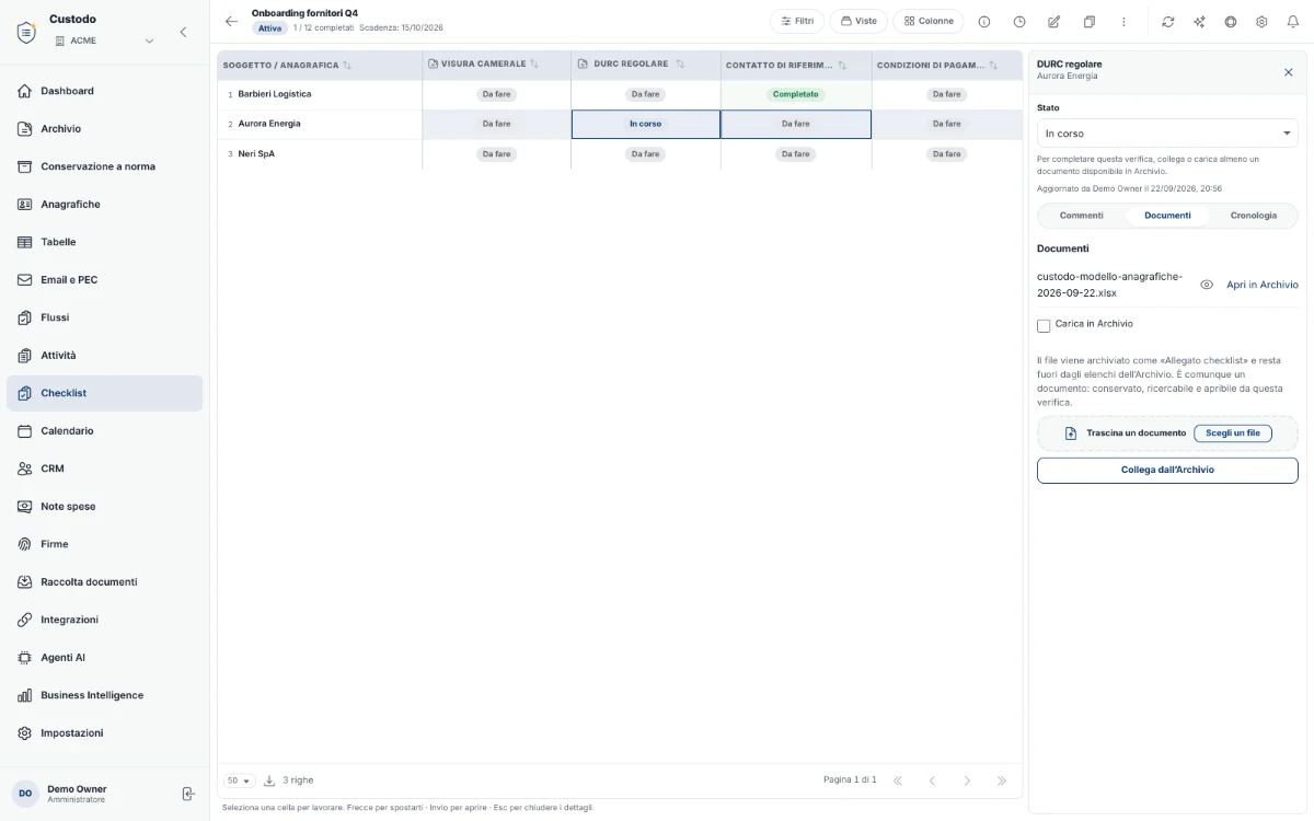 Una cella della checklist con stato, commenti e accesso a documenti e cronologia.