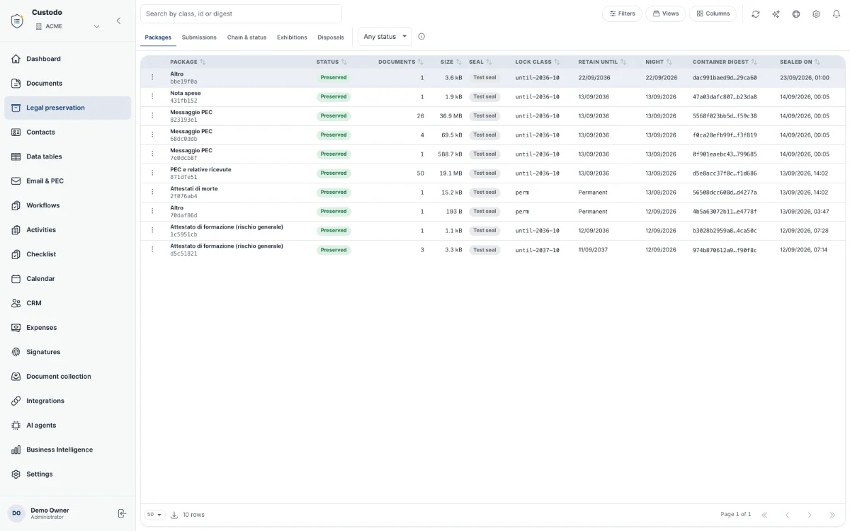 Preservation packages with statuses, documents and retention periods using sample data.