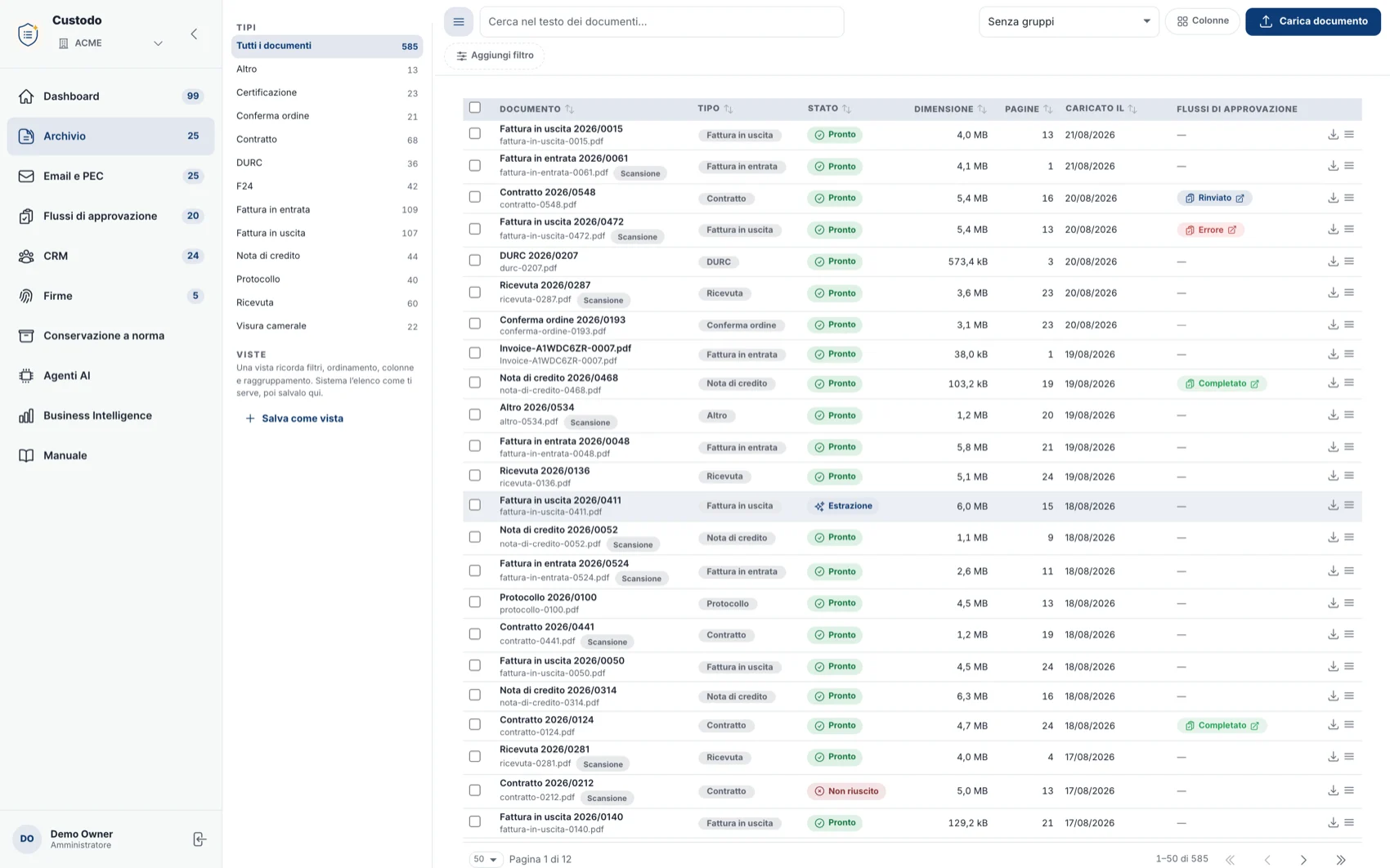The Custodo archive with document types, list and processing status.