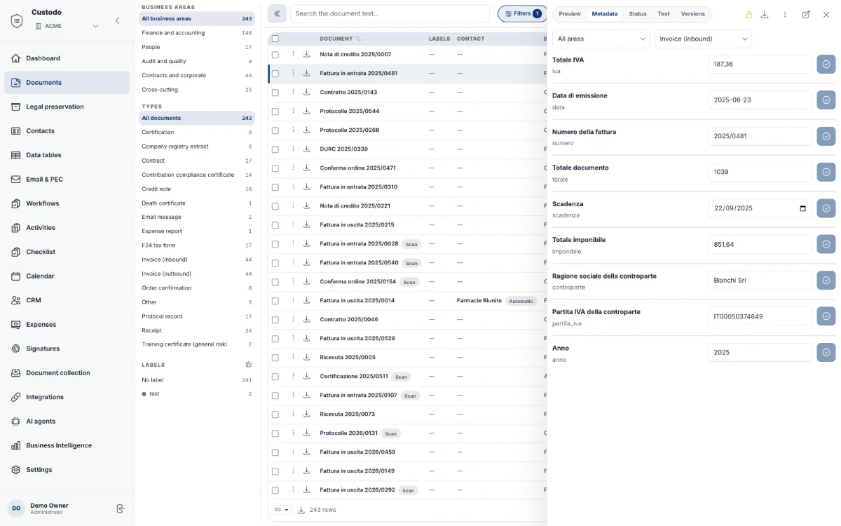 An archived invoice with AI-extracted fields ready for review.