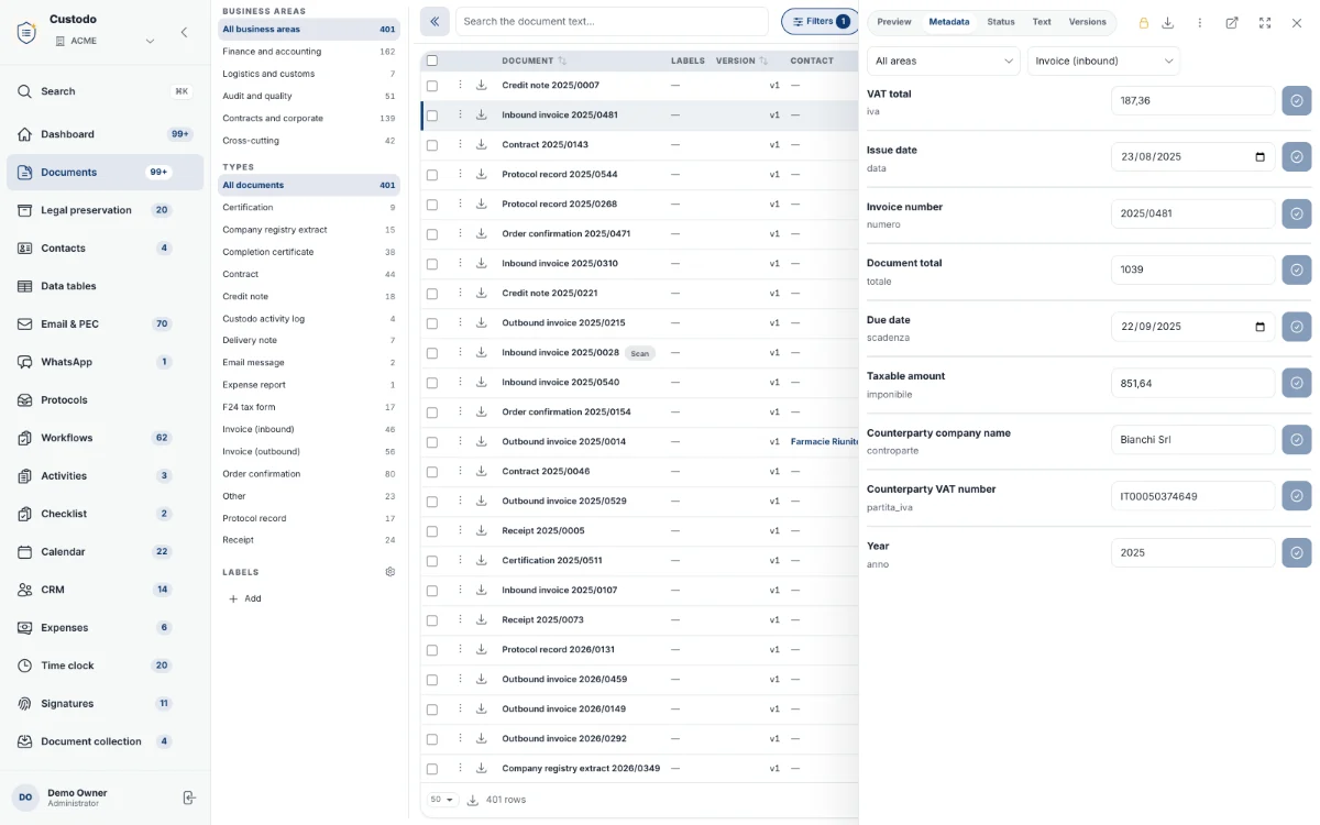 Custodo demo screenshot: the document archive and data extracted from an invoice, ready to check and confirm.