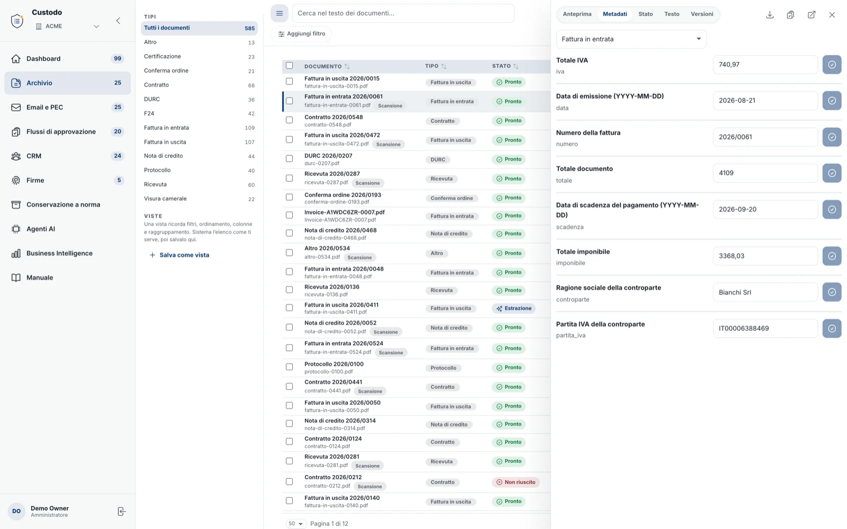 Custodo demo screenshot: the document archive and data extracted from an invoice, ready to check and confirm.