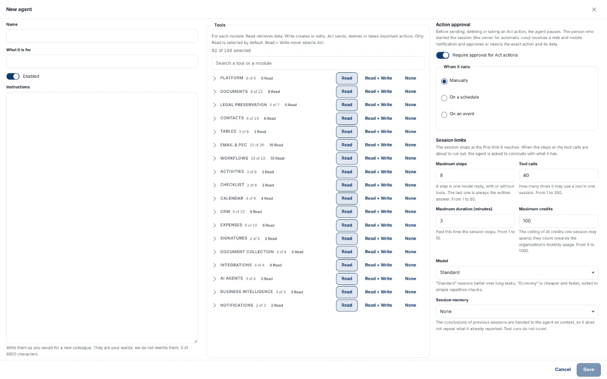 AI agent configuration with instructions and authorised tools.