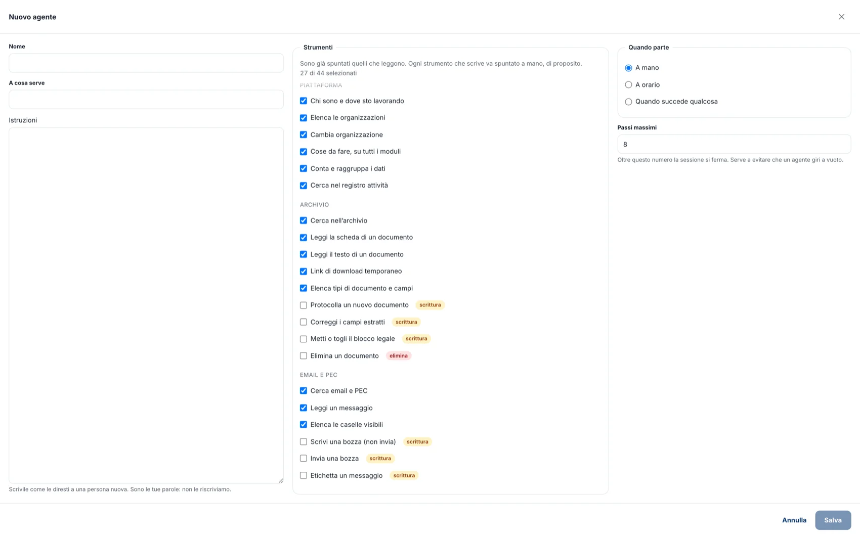 Il costruttore di agenti: nome, a cosa serve, istruzioni libere, la lista degli strumenti con 27 di 44 selezionati e le scritture da spuntare a mano, quando parte e il numero massimo di passi.