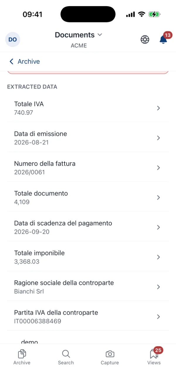 An invoice on the phone showing the extracted data: VAT total, issue date, invoice number, document total, payment due date, net amount and the counterparty’s name.