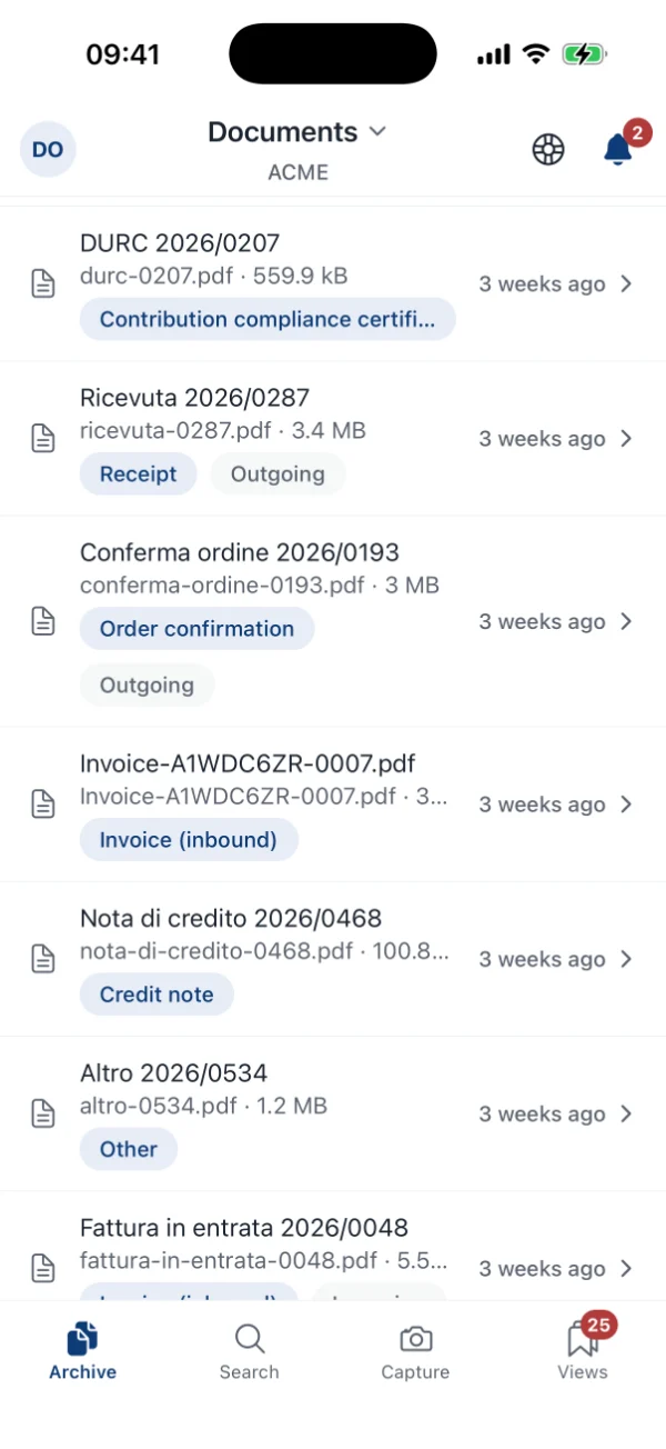 Archive search on the phone, with results, filters and access to saved views.