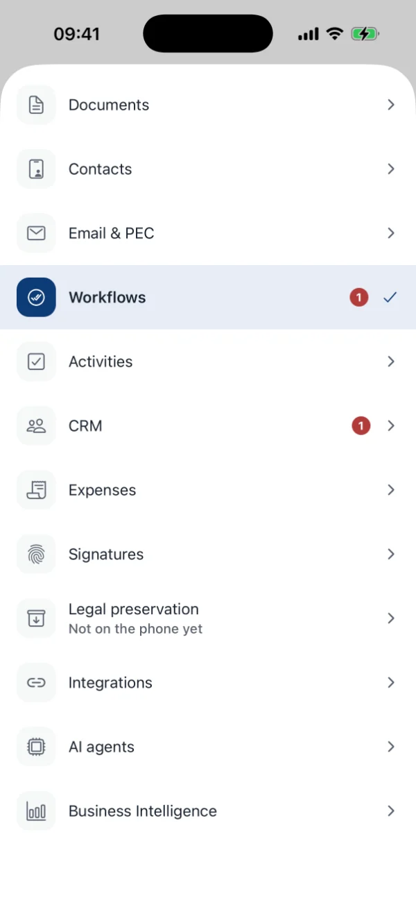 The module picker on the phone, including Archive, Contacts, Tables, Tasks, Checklist and Calendar.