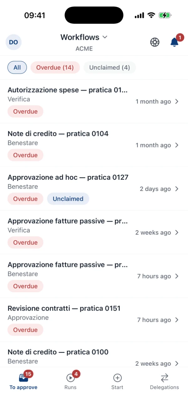 Approvals on the phone: expense authorisation, credit notes, ad-hoc approval, supplier invoices and contract review, each with its stage and an «overdue» label; at the bottom, to approve, runs, start and delegations.