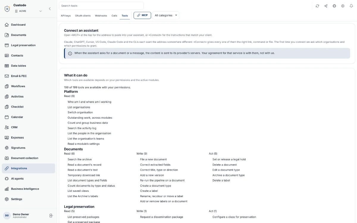 The integration tools catalogue and required permissions.