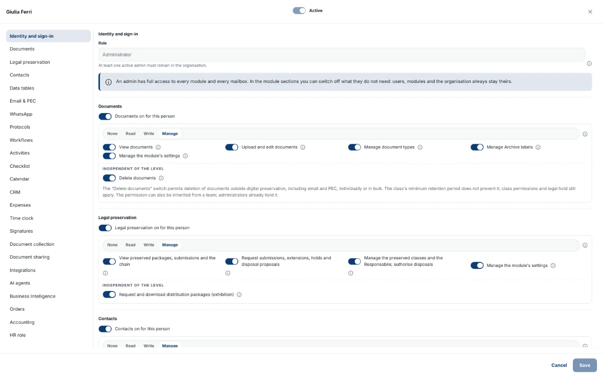 An administrator’s record: every module on, and what they do not need is switched off.